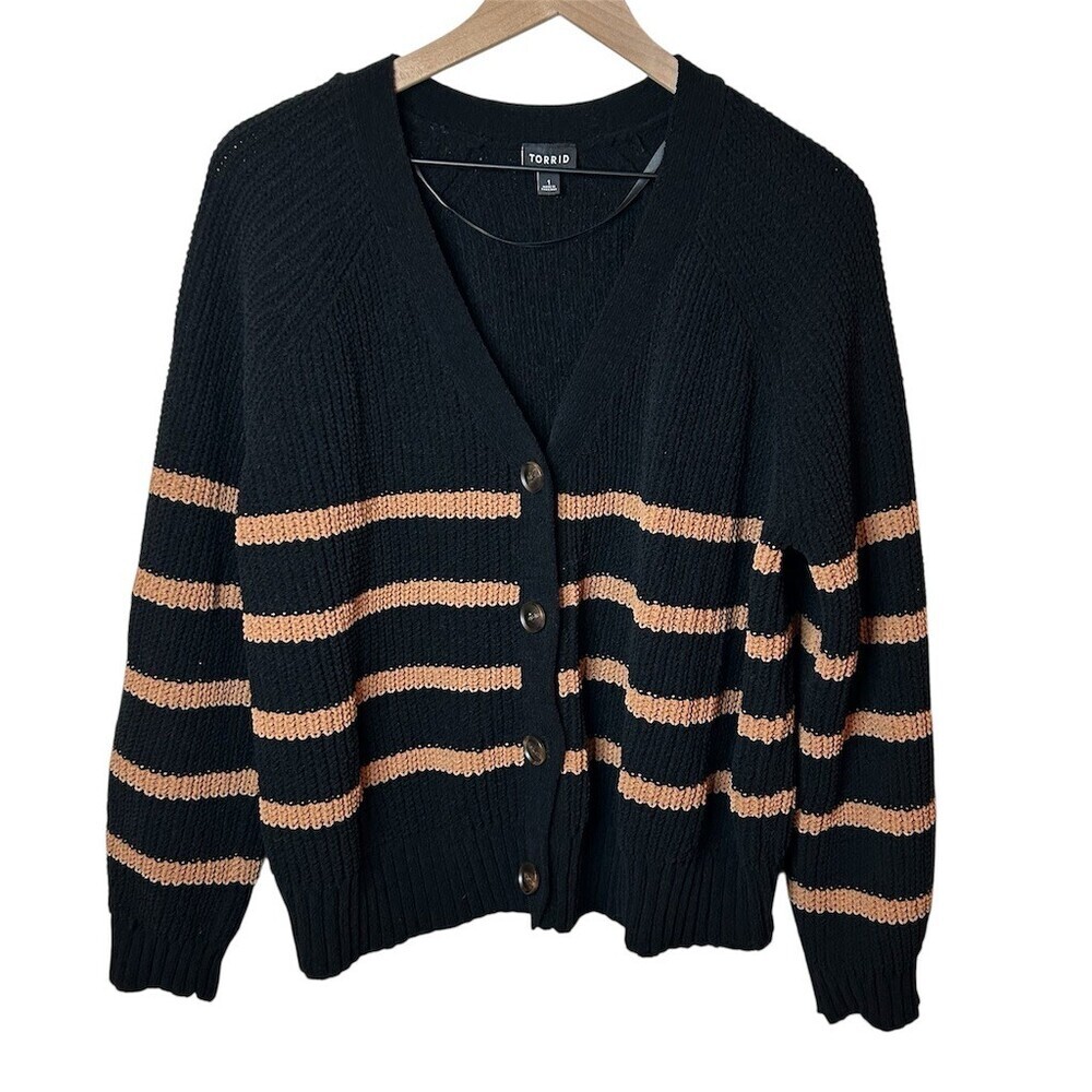 Torrid Chenille Cardigan Black Tan Brown Striped V-Neck Plus Size Sweater 1X